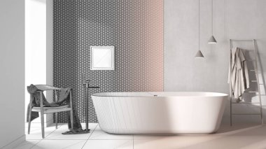 Mimari iç mimar konsepti: banyo, banyo, küvet, mozaik fayanslar, kürklü koltuk, çağdaş gösteri konsepti fikri, el çizimi tamamlanmamış proje