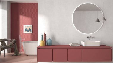 Kırmızı pastel tonlu rahat minimalist banyo, aynalı lavabo, fayanslar ve beton duvarlar, koltuk, renkli vazolar ve dekorlar, iç mimari proje fikri