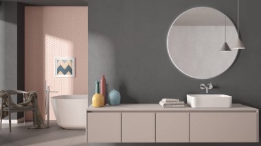 Karanlık ve pastel tonlarda rahat minimalist banyo, aynalı lavabo, fayanslar ve beton duvarlar, koltuk, renkli vazolar ve dekorlar, iç mimari proje fikri