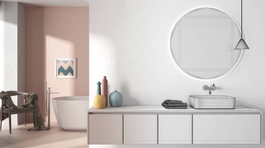 Mimari iç mimar konsepti: bitirilmemiş el yapımı taslak proje gerçek oluyor, banyo, aynalı lavabo, küvet, fayanslar, koltuk ve dekorlar, rahat proje konsepti