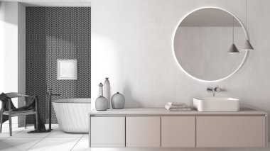 Mimari iç mimar konsepti: bitirilmemiş el yapımı taslak proje gerçek oluyor, banyo, aynalı lavabo, küvet, fayanslar, koltuk ve dekorlar, rahat proje konsepti