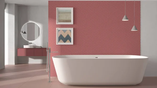 Salle Bain Minimaliste Confortable Dans Des Tons Pastel Rouge Baignoire — Photo