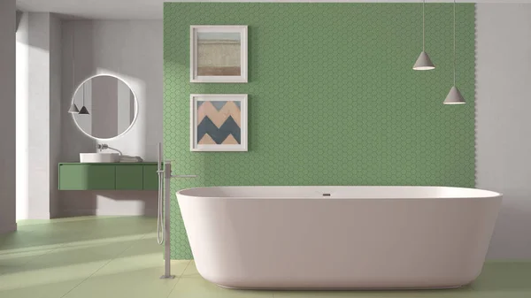 Salle Bain Minimaliste Confortable Dans Des Tons Pastel Vert Baignoire — Photo