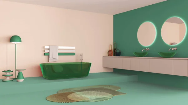 ターコイズとベージュのトーンでバスルームのインテリアデザイン ガラス自立浴槽と洗面台を紹介します ラウンドミラー 現代のカーペット 床ランプ テーブル ミニマリズムプロジェクト — ストック写真