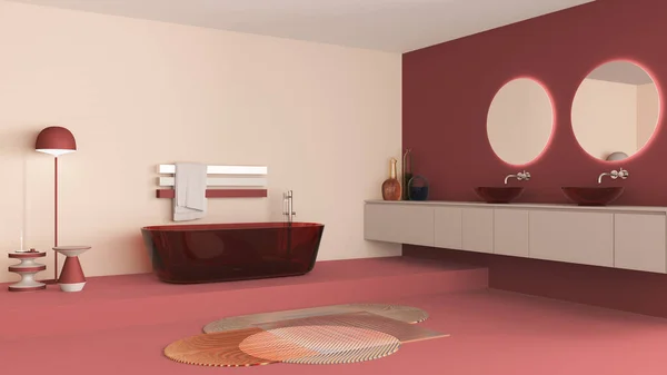 陈列柜浴室室内设计为红色和米黄色色调 玻璃独立浴缸和洗浴底座 圆形镜子 水龙头 现代地毯 最低限度项目 — 图库照片