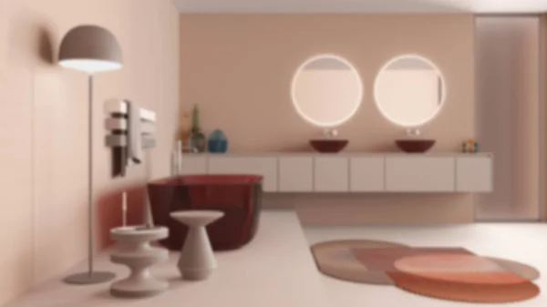ぼかしの背景 バスルームのインテリアデザイン 自立したバスタブと洗面台を紹介します ラウンドミラー モダンなカーペット テーブル ミニマリズムプロジェクトのアイデア — ストック写真