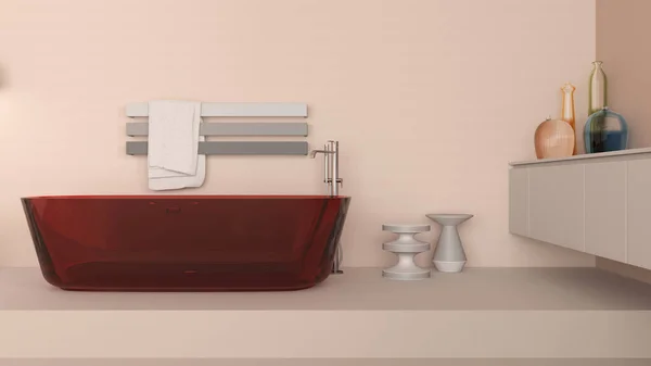 陈列柜浴室室内设计为米色色调 玻璃独立浴缸 橱柜与花瓶 简约的机架毛巾 副桌和装饰 当代工程项目概念概念 — 图库照片