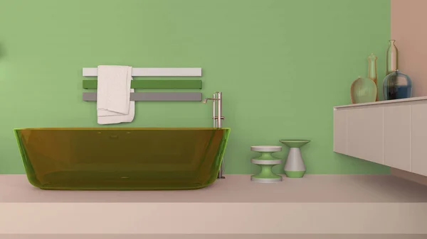 Escaparate Baño Diseño Interior Tonos Beige Verde Bañera Independiente Vidrio —  Fotos de Stock