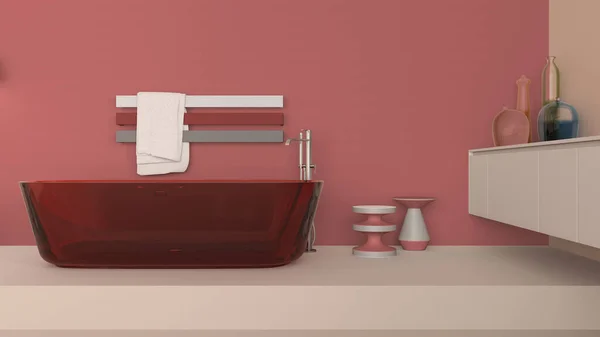 Vetrina Bagno Interior Design Nei Toni Del Beige Rosso Vasca — Foto Stock