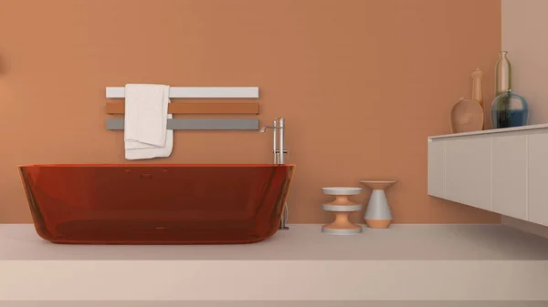 陈列柜浴室室内设计为米黄色和橙色色调 玻璃独立浴缸 橱柜与花瓶 简约的机架毛巾 副桌和装饰 当代项目概念 — 图库照片
