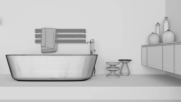 项目未完成 展示浴室室内设计 玻璃独立浴缸 橱柜与花瓶 简约的机架毛巾 副桌和装饰 当代项目概念 — 图库照片