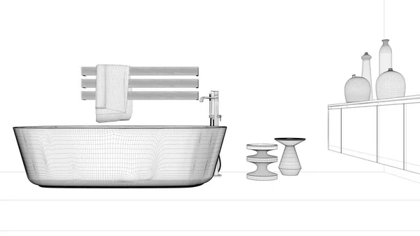 Σχέδιο Έργου Σχέδιο Βιτρίνα Εσωτερικό Σχεδιασμό Μπάνιο Γυαλί Ελεύθερη Μπανιέρα — Φωτογραφία Αρχείου