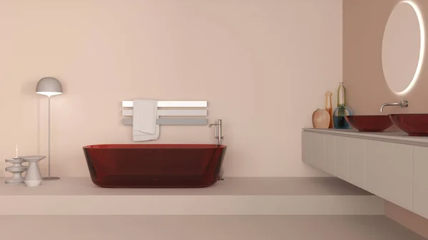 陈列柜浴室室内设计为米色色调 玻璃独立浴缸和洗浴底座 采购产品圆形的镜子 钢制水龙头 现代的地毯 地灯和侧桌 最低限度项目概念 — 图库照片
