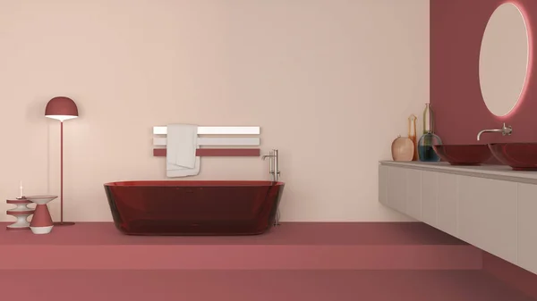 陈列柜浴室室内设计为红色和米黄色色调 玻璃独立浴缸和洗浴底座 圆形镜子 水龙头 现代地毯 最低限度项目 — 图库照片