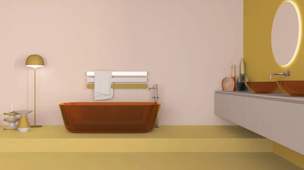 Vitrine Badkamer Interieur Gele Beige Tinten Glas Vrijstaand Bad Wassen — Stockfoto