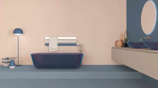 展示柜浴室室内设计为蓝色和米黄色色调 玻璃独立浴缸和洗浴底座 圆形镜子 水龙头 现代地毯 最低限度项目 — 图库照片