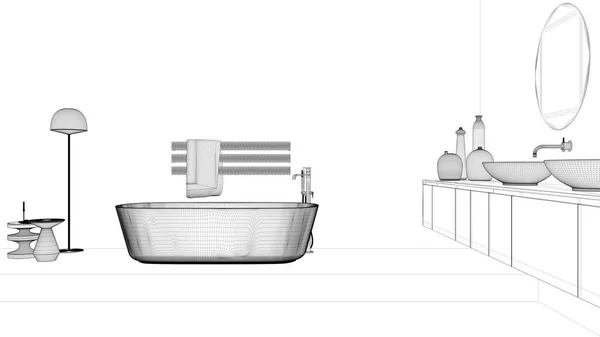 Proje Taslağı Vitrin Banyo Tasarımı Serbest Banyo Küveti Çamaşır Tabanı — Stok fotoğraf