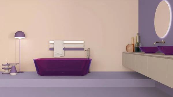 Vitrine Badezimmer Innenausstattung Lila Und Beige Tönen Freistehende Badewanne Aus — Stockfoto