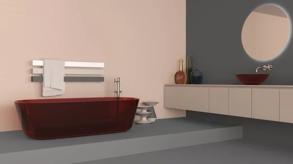 陈列柜浴室室内设计为灰色和米黄色色调 玻璃独立浴缸和洗浴底座 圆形镜子 水龙头 现代地毯 最低限度项目 — 图库照片