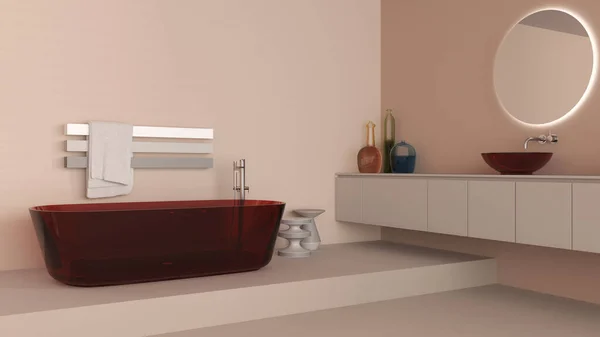 陈列柜浴室室内设计为米色色调 玻璃独立浴缸和洗浴底座 采购产品圆形的镜子 钢制水龙头 现代的地毯 地灯和侧桌 最低限度项目概念 — 图库照片