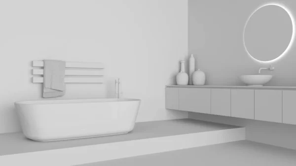 总的白色项目草案 展示浴室室内设计 独立浴缸和洗浴基地 圆形镜子 水龙头 现代地毯 最低限度项目构想 — 图库照片
