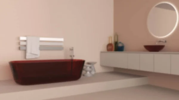 模糊的背景 展示浴室室内设计 独立的浴缸和洗浴基地 圆形镜子 水龙头 现代地毯 最低限度项目构想 — 图库照片