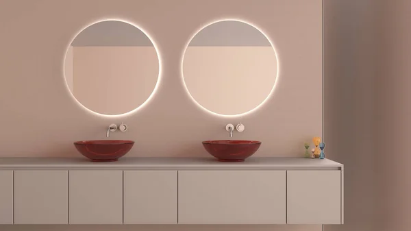 陈列柜浴室室内设计关闭 洗脸盆柜与两个玻璃水槽 圆形镜子与米色色调装饰 项目理念与复制空间 — 图库照片