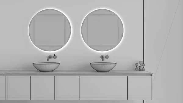 Unfinished Project Draft Showcase Bathroom Interior Design Close Washbasin Cabinet — Stock Photo, Image