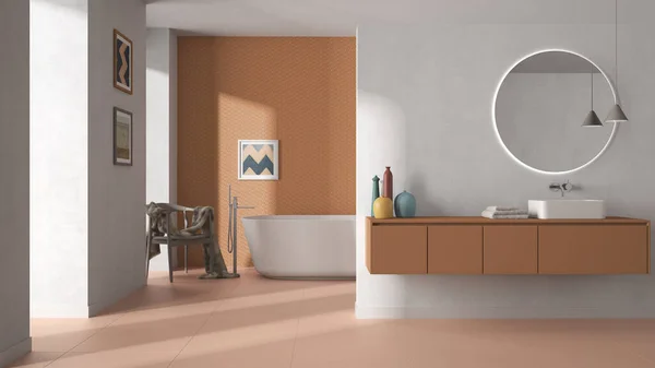 Moderní Minimalistická Koupelna Oranžových Pastelových Tónech Umyvadlo Zrcadlem Vana Dlaždice — Stock fotografie