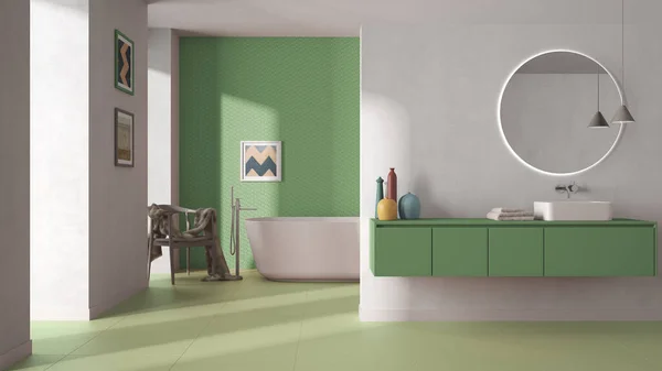 Moderno Baño Minimalista Tonos Pastel Verdes Lavabo Con Espejo Bañera —  Fotos de Stock