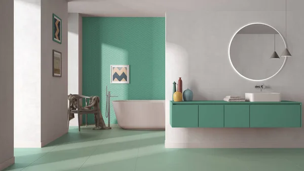 Moderno Bagno Minimalista Toni Turchese Pastello Lavabo Specchio Vasca Bagno — Foto Stock