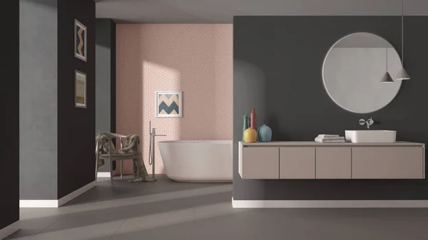 Moderno Baño Minimalista Tonos Oscuros Pastel Lavabo Con Espejo Bañera —  Fotos de Stock