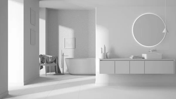 Proyecto Blanco Total Baño Minimalista Moderno Lavabo Con Espejo Bañera — Foto de Stock