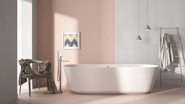 Moderno Cuarto Baño Minimalista Acogedor Bañera Independiente Azulejos Mosaico Pastel —  Fotos de Stock