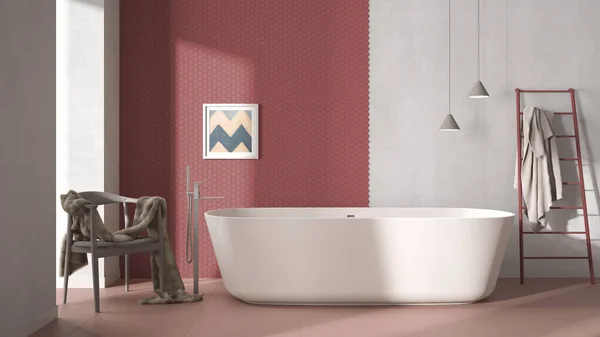 Moderno Accogliente Bagno Rosso Minimalista Vasca Autoportante Mosaico Esagonale Piastrelle — Foto Stock