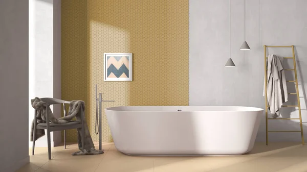 Moderno Accogliente Bagno Minimalista Giallo Vasca Autoportante Mosaico Esagonale Piastrelle — Foto Stock