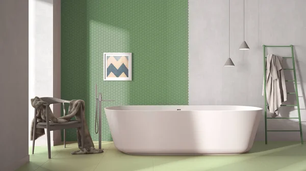Baño Moderno Acogedor Minimalista Verde Bañera Independiente Azulejos Mosaico Pastel —  Fotos de Stock