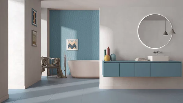 Moderno Bagno Minimalista Nei Toni Pastello Blu Lavabo Con Specchio — Foto Stock
