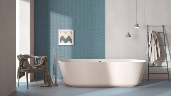 Moderno Baño Azul Minimalista Acogedor Bañera Independiente Azulejos Mosaico Pastel —  Fotos de Stock