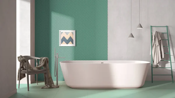 Moderno Baño Minimalista Turquesa Acogedor Bañera Independiente Azulejos Mosaico Pastel —  Fotos de Stock