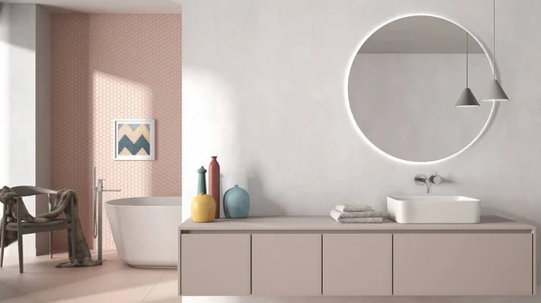 Hyggeligt Minimalistisk Badeværelse Pastelfarver Håndvask Med Spejl Badekar Fliser Betonvægge - Stock-foto