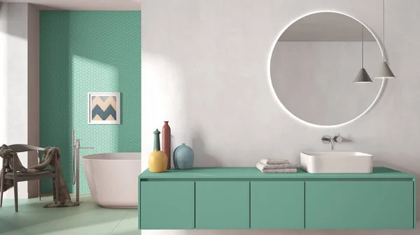 Salle Bain Minimaliste Confortable Dans Des Tons Pastel Bleu Lavabo — Photo