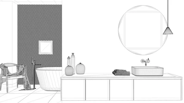 Návrh Projektu Útulná Minimalistická Koupelna Umyvadlo Zrcadlem Vana Dlaždice Betonové — Stock fotografie