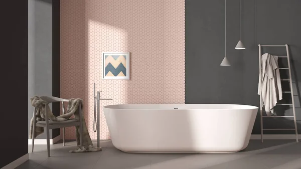 Moderno Accogliente Minimalista Bagno Scuro Vasca Autoportante Mosaico Esagonale Piastrelle — Foto Stock