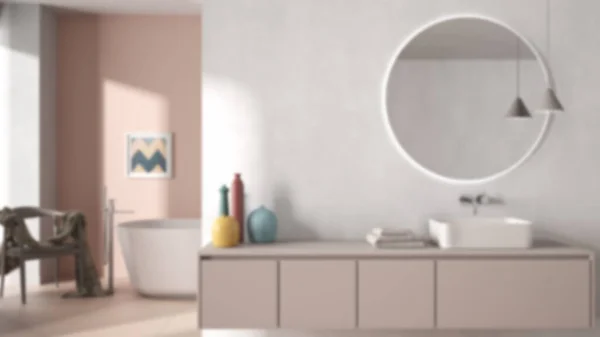 Sfondo Sfocato Accogliente Bagno Minimalista Lavabo Con Specchio Vasca Bagno — Foto Stock