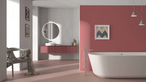 Salle Bain Minimaliste Confortable Dans Des Tons Pastel Rouge Baignoire — Photo