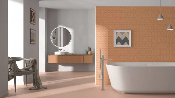 Cozy Minimalist Bathroom Orange Pastel Tones Freestanding Bathtub Tiles Concrete — Stock Photo, Image