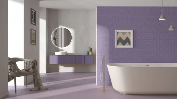 Salle Bain Minimaliste Confortable Dans Des Tons Pastel Violet Baignoire — Photo