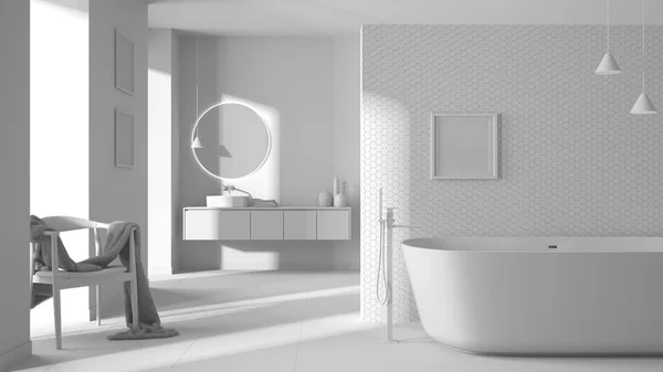 Σύνολο Λευκό Σχέδιο Του Έργου Άνετο Μπάνιο Αυτόνομη Μπανιέρα Πλακάκια — Φωτογραφία Αρχείου