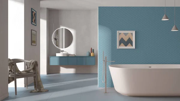 Salle Bain Minimaliste Confortable Dans Des Tons Pastel Bleu Baignoire — Photo